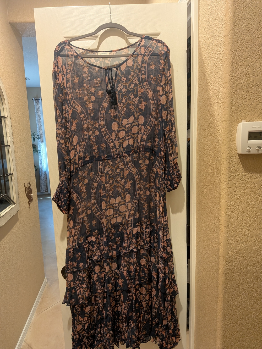 Sundance Navy Blue/Peachy Cream Maxi Dress with Floral Print